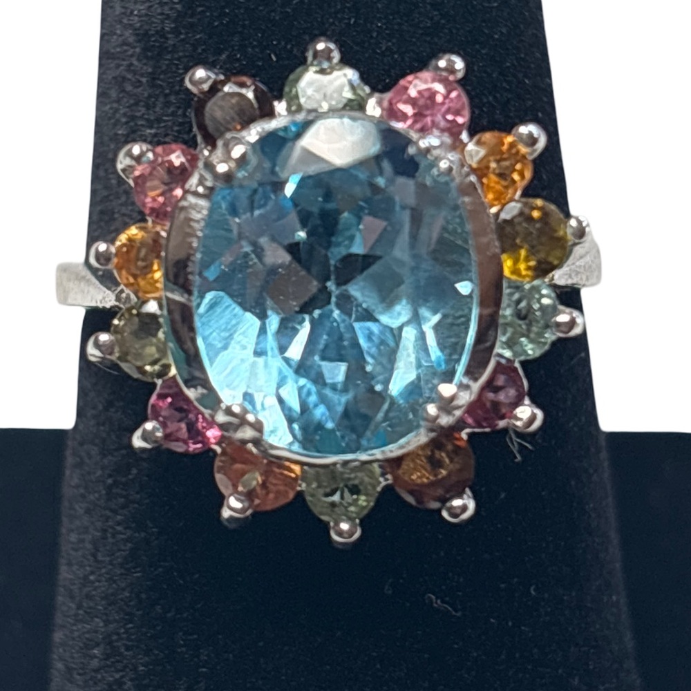 Elegant Blue and Multicolor Gemstone Ring 925 sterling silver Size 9